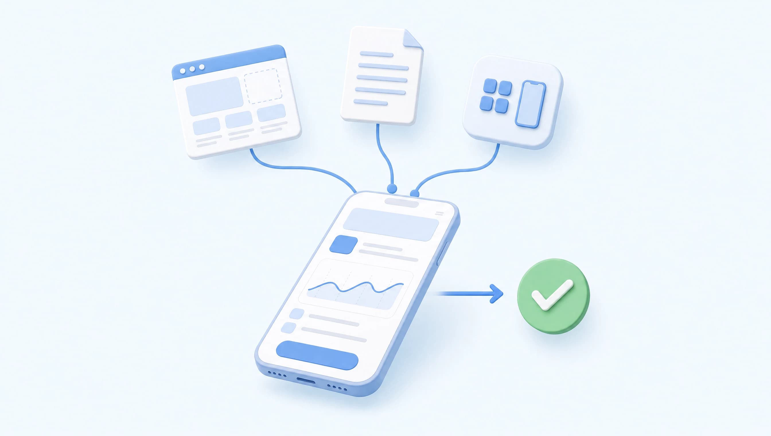 Illustration of a design mockup, a document and an app icon connected to a mobile app screen, with an arrow pointing to a green checkmark.