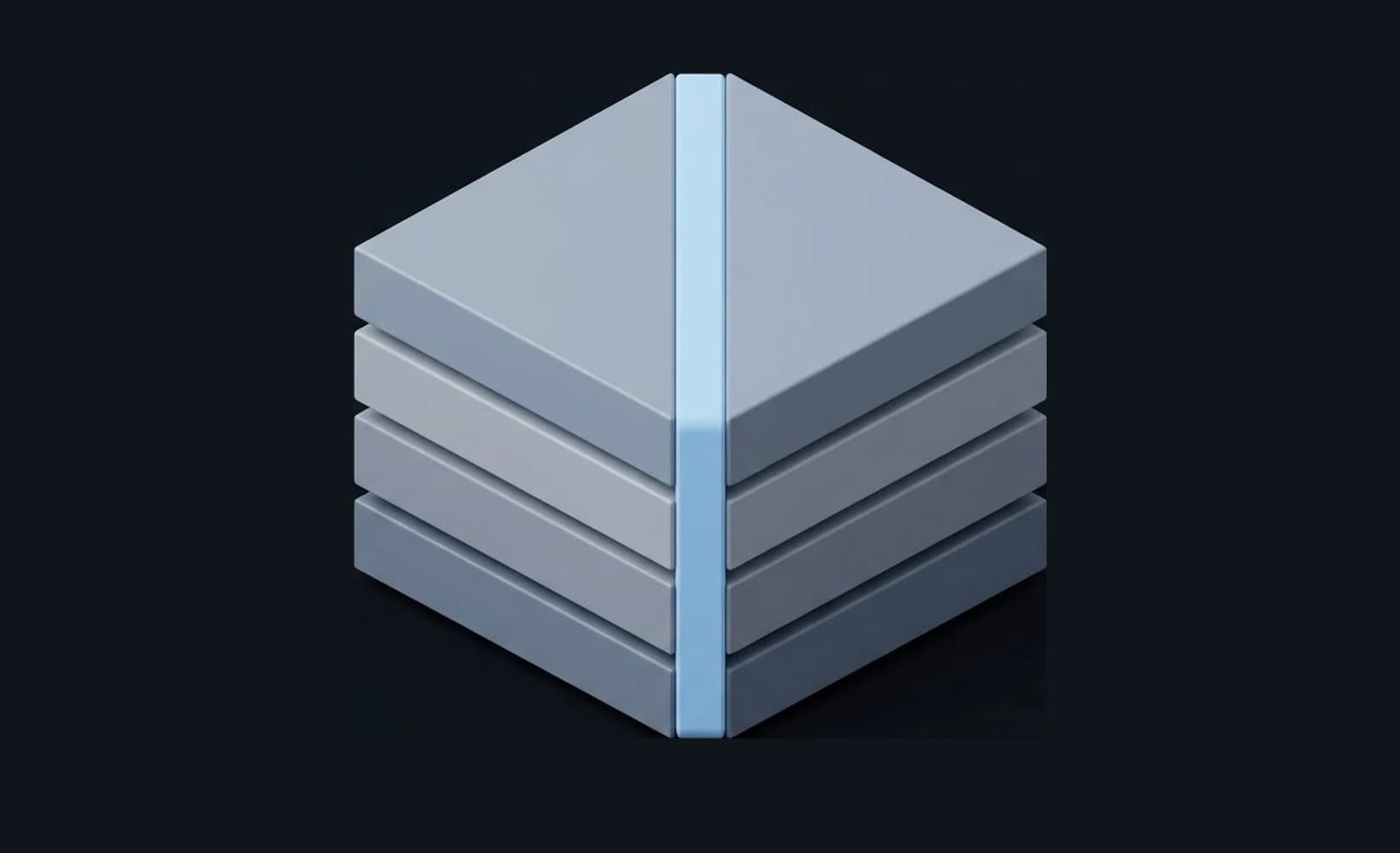 Four flush layers bound into one block by a single vertical connector, on a dark background
