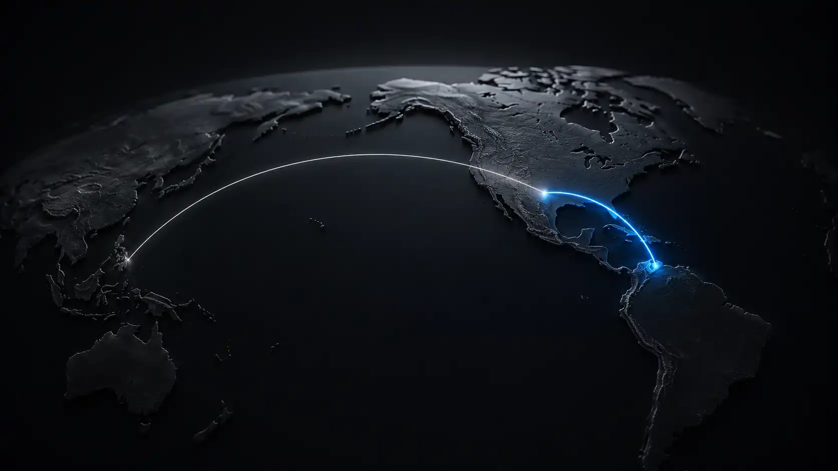 Dark 3D globe showing connection arcs between North America, Latin America, and Asia, representing nearshore and offshore software development models.