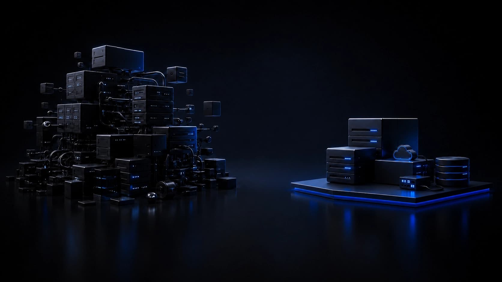 Abstract 3D visualization of cloud infrastructure in blue tones on a dark background