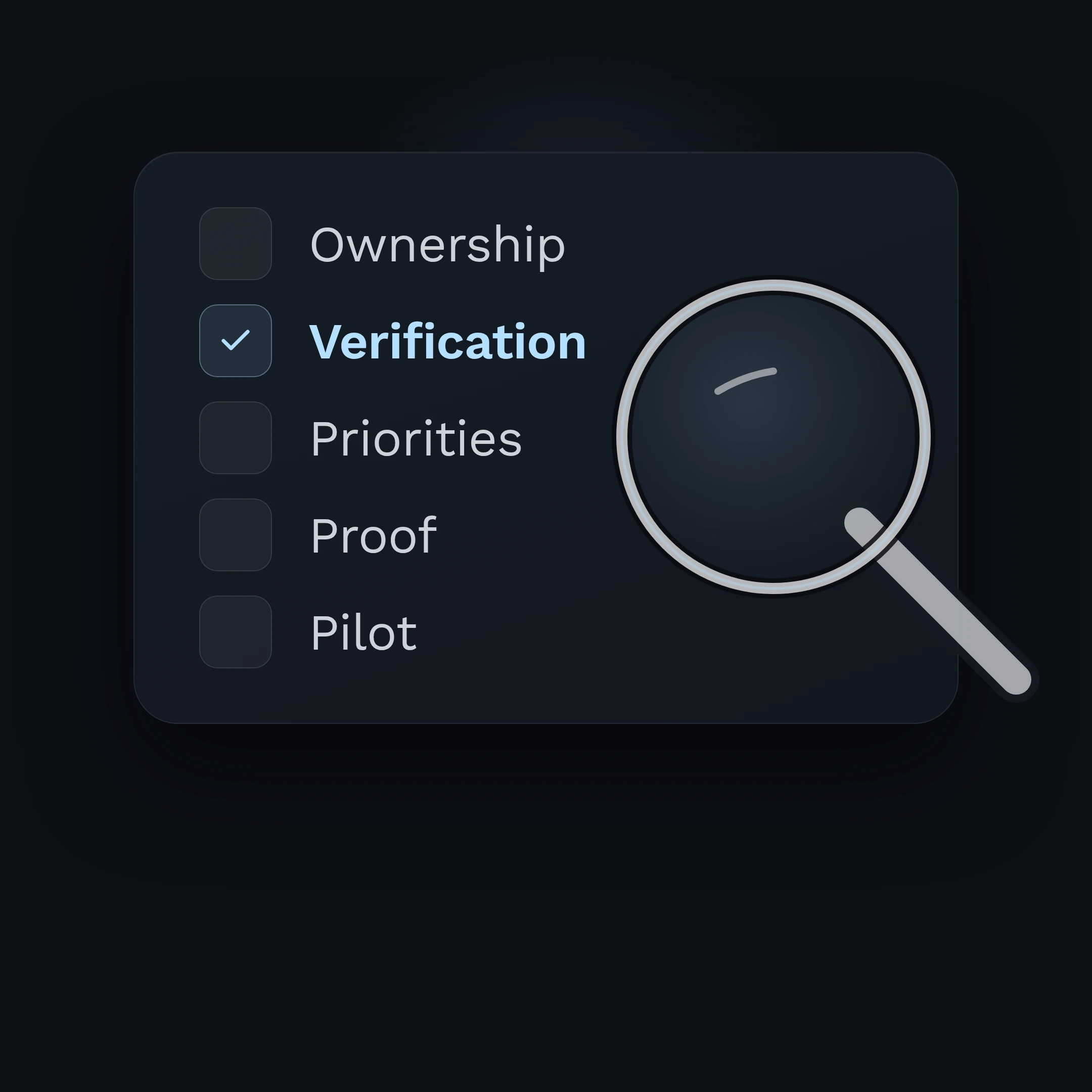 Dark card listing five checks for choosing a software development partner, ownership, verification, priorities, proof and pilot, with a magnifier inspecting one of them.