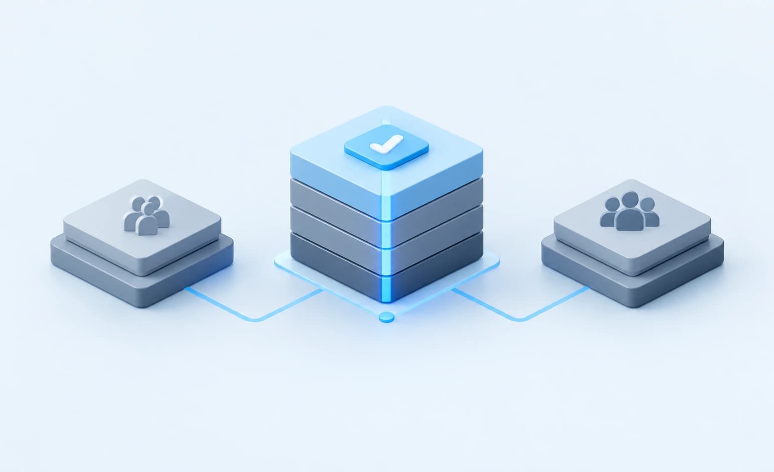 Icon illustration of two teams connected to a central checkmarked stack, representing shared QA process ownership between models.
