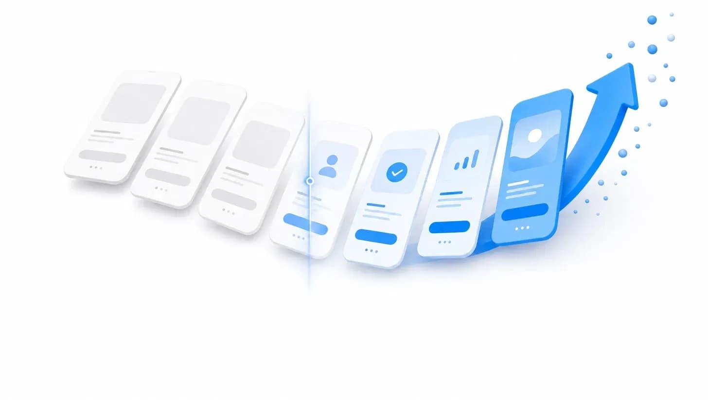 A simplified mobile app onboarding flow shown as a row of screens that shift from grey to blue and curve upward into a rising arrow, representing a redesigned sign-up flow and improved results.